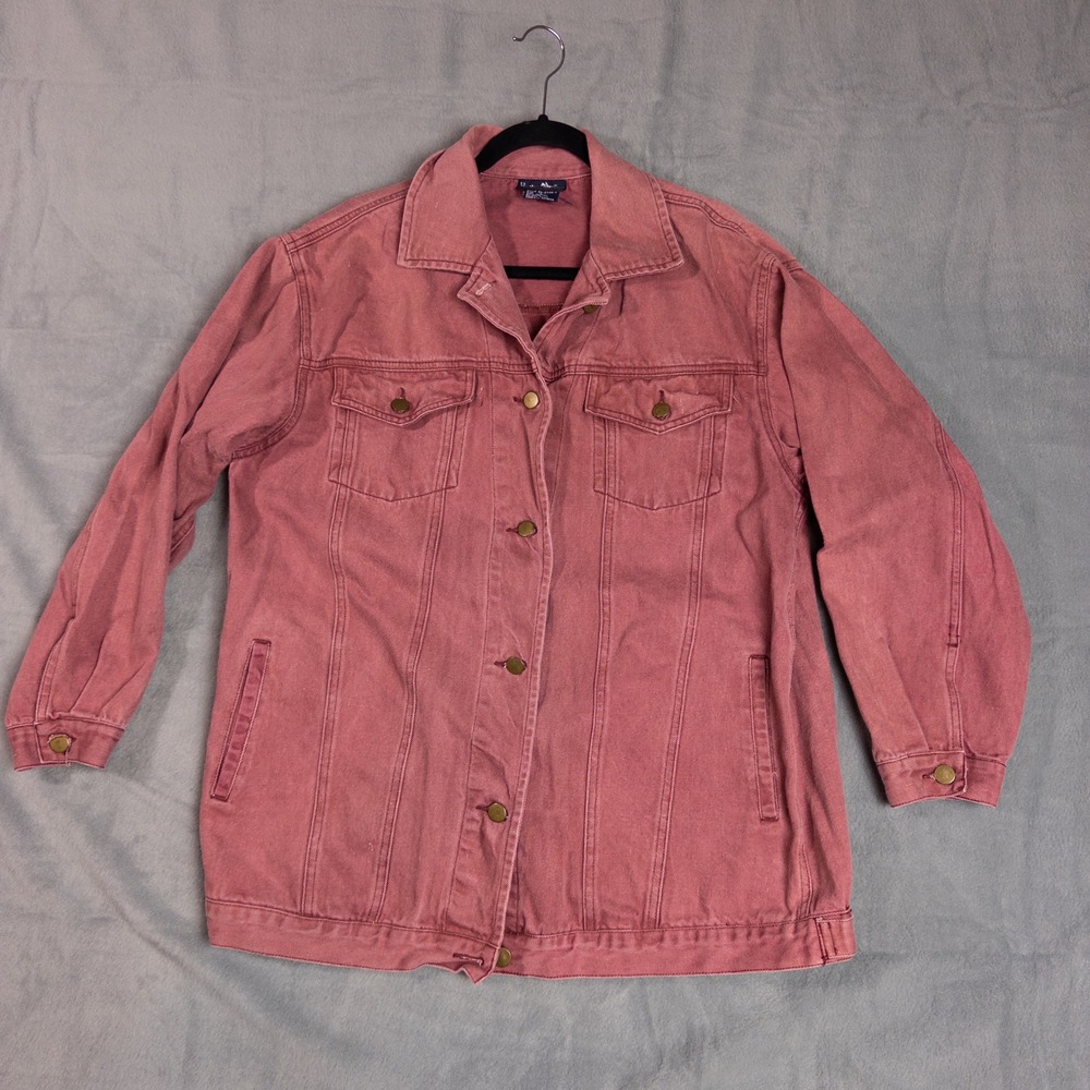 Hunters Run Denim Jacket Women Large Faded Red Longline Cotton Trucker 0687